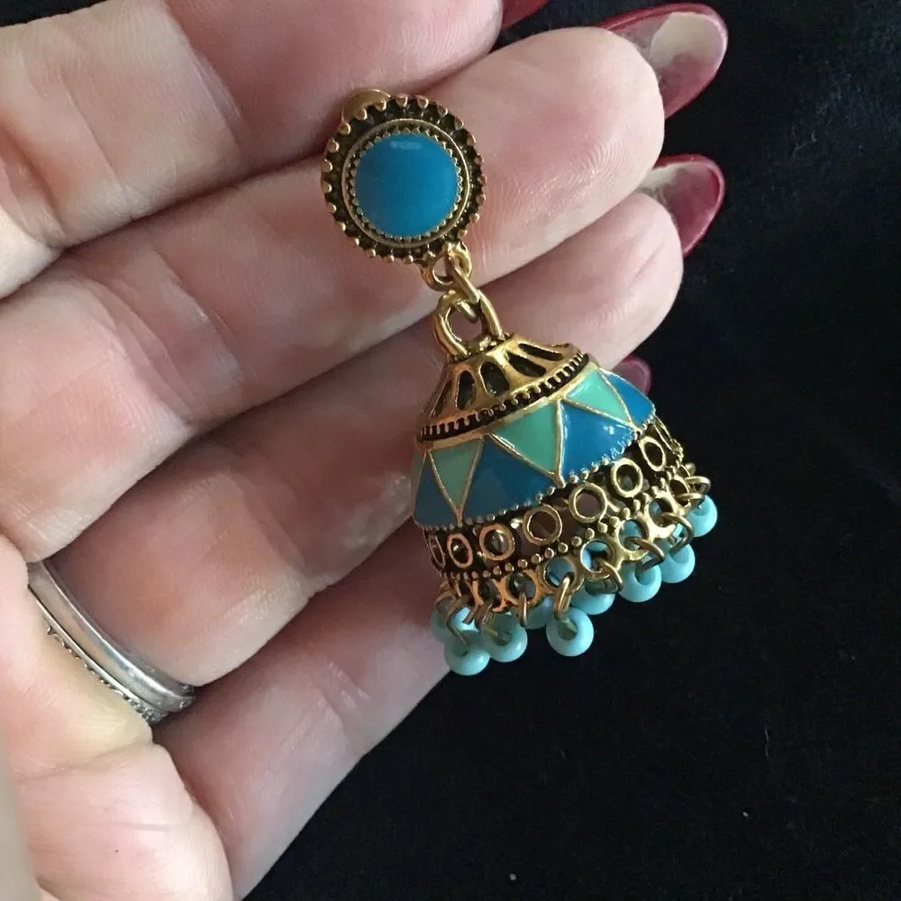 Blue Enamel Dangle Earrings Pierced Posts 1.5” Beaded Bell Shape Boho